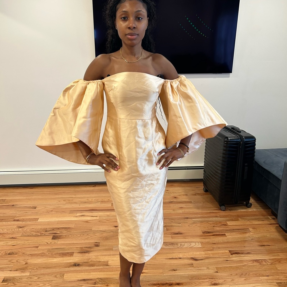 Off-Shoulder Satin Midi Dress in Champagne